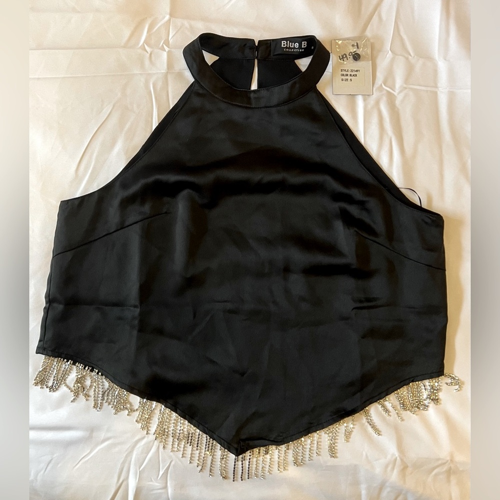 Black Satin Halter Top with Silver and Rhinestone Fringe